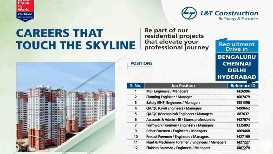 L&T Construction Recruitment 2026 | MEP, Planning, QA QC, Safety & Civil Jobs Bangalore Chennai Delhi Hyderabad