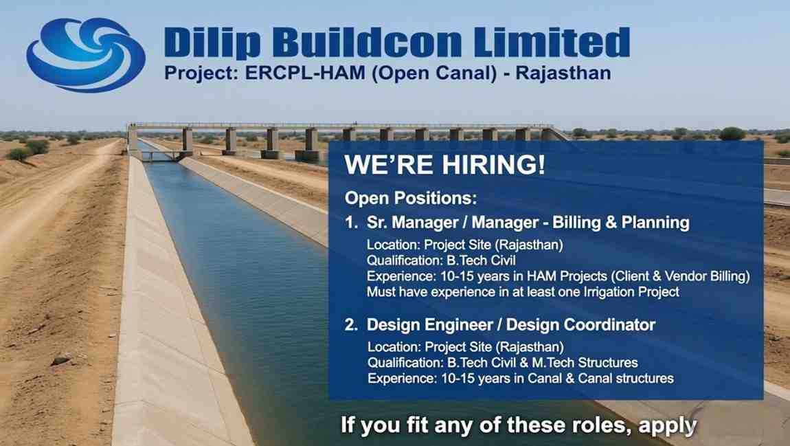 Dilip Buildcon Limited Recruitment 2026 | Billing Manager & Design Engineer Jobs Irrigation HAM Project Rajasthan