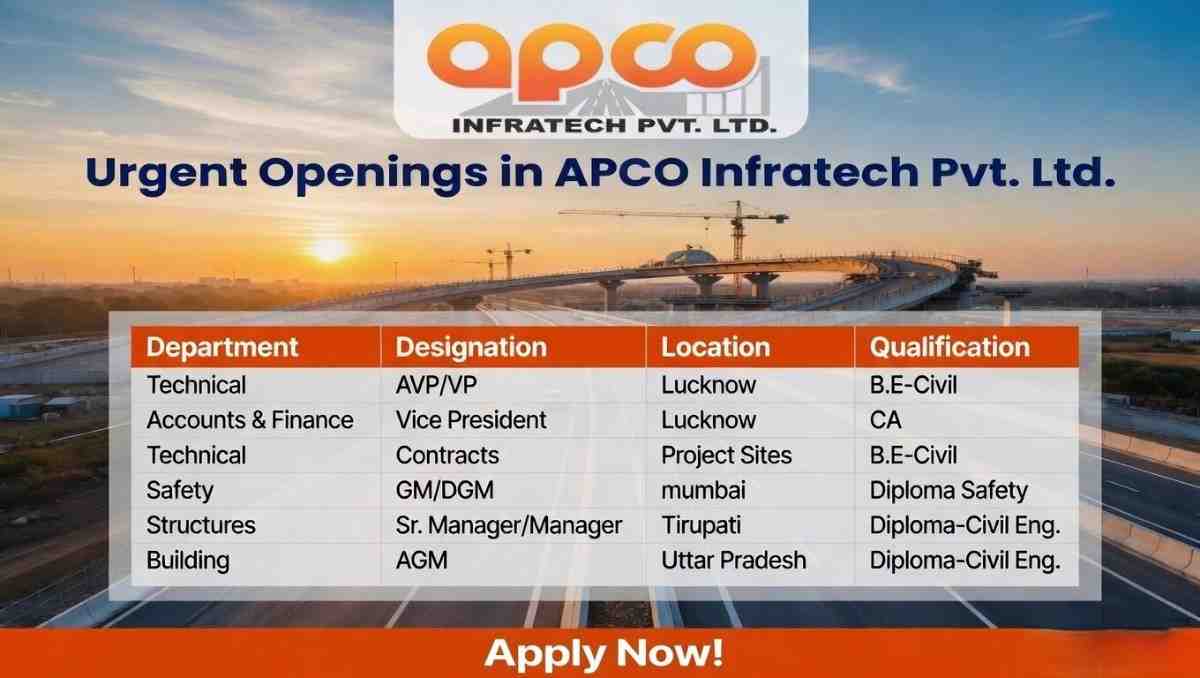 APCO Infrastructures Pvt Ltd Recruitment 2026 | VP, AGM, Manager, Safety & Civil Jobs