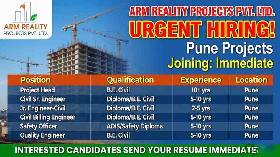 ARM Reality Projects Pvt Ltd Recruitment 2026 | Project Head, Site Engineer, Billing, Safety & Quality Jobs Pune