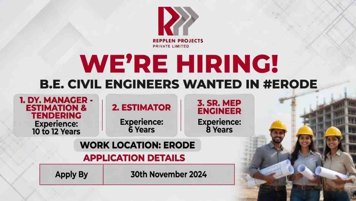 Repplen Projects Pvt Ltd Recruitment 2026 | Estimation, Tendering & MEP Engineer Jobs Erode