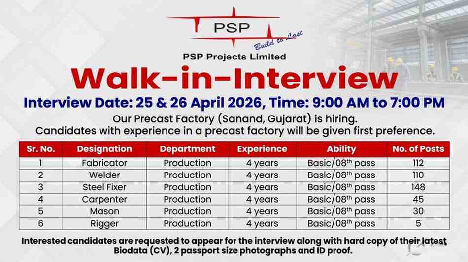 PSP Projects Ltd Walk-in Drive 2026 | Fabricator, Welder, Steel Fixer, Carpenter & Mason Jobs Gujarat