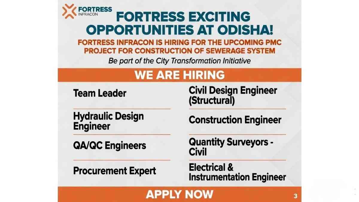 Fortress Infracon Recruitment 2026 | PMC Sewerage Project Jobs Odisha | Civil, QA QC, Design & Electrical Jobs