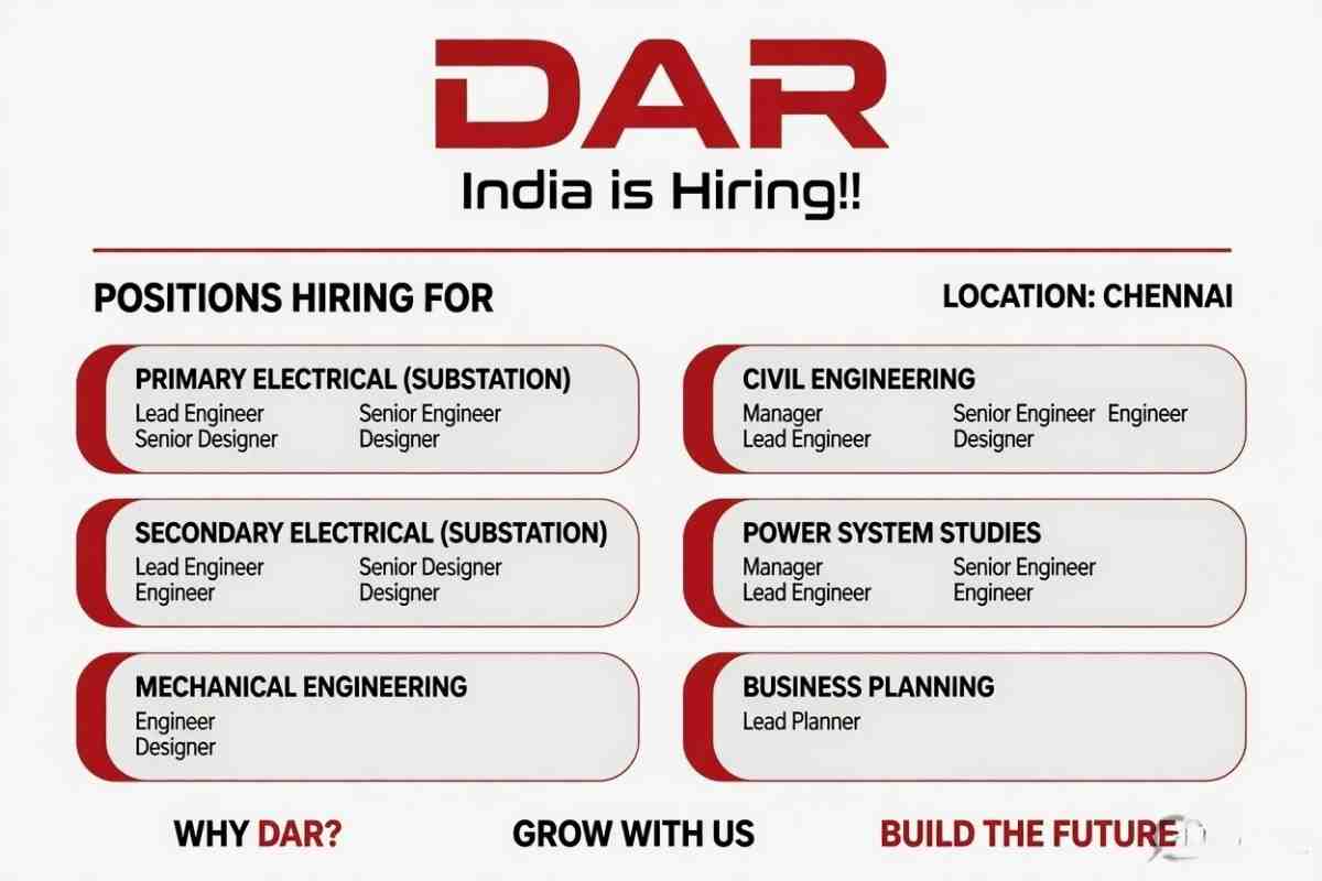 DAR India Recruitment 2026 | Electrical, Civil, Mechanical & Power System Jobs Chennai