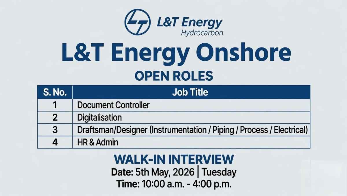 L&T Energy Onshore Recruitment 2026 | Walk-in Vadodara | Draftsman, Document Controller & HR Jobs