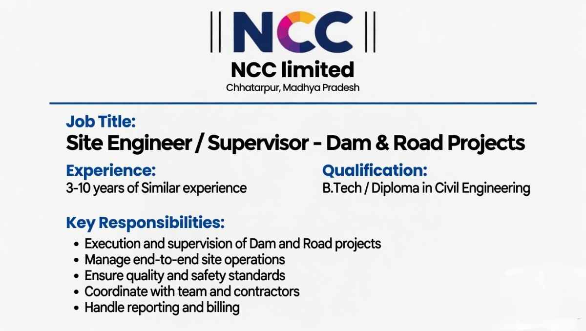 NCC Limited Recruitment 2026 Apply Online | Site Engineer & Supervisor Jobs (Dam & Road Projects)