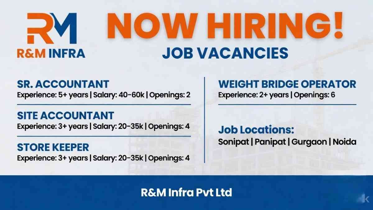 R&M Infra Pvt Ltd Recruitment 2026 Apply Online | Accountant, Store Keeper & Operator Jobs