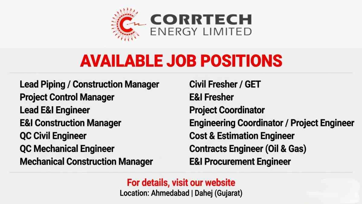 Corrtech Energy Limited Recruitment 2026 | Piping, E&I, QC, Construction & Oil Gas Jobs Gujarat