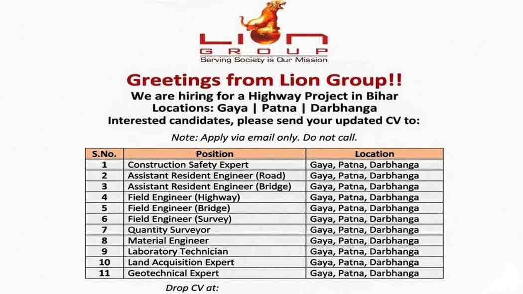 Lion Group Recruitment 2026 | Highway Project Jobs in Bihar (Gaya, Patna, Darbhanga)