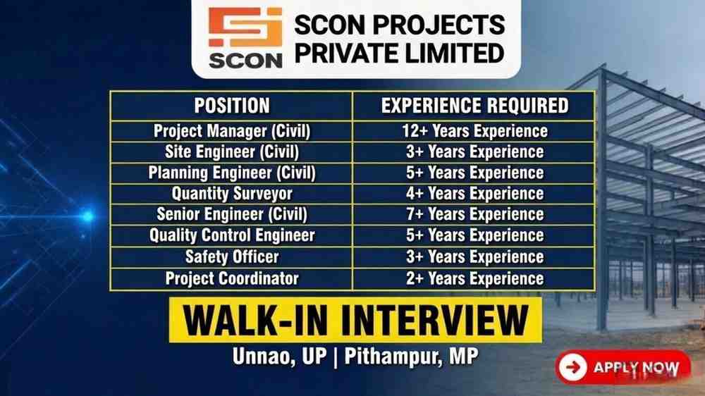 SCON Projects Private Limited Recruitment 2026 Apply Online | Civil, MEP, Safety & Multiple Jobs