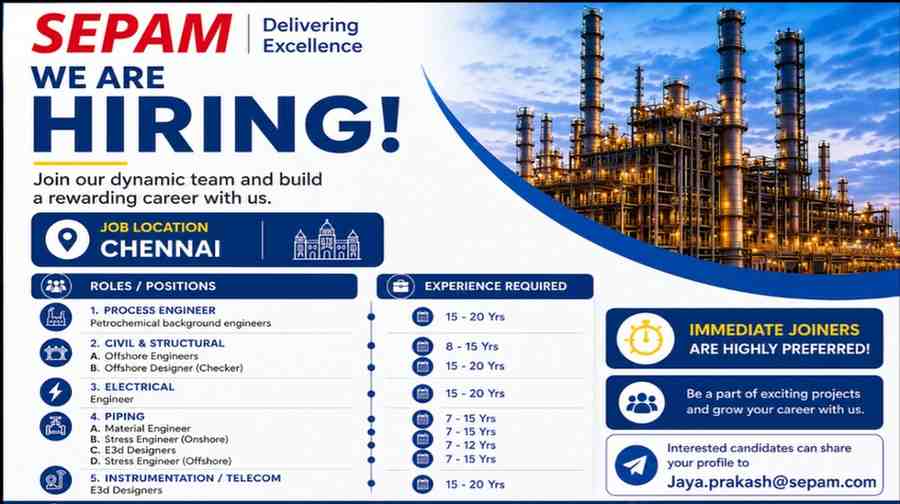 SEPAM Recruitment 2026 Apply Online | Process, Civil, Electrical & Piping Jobs Chennai