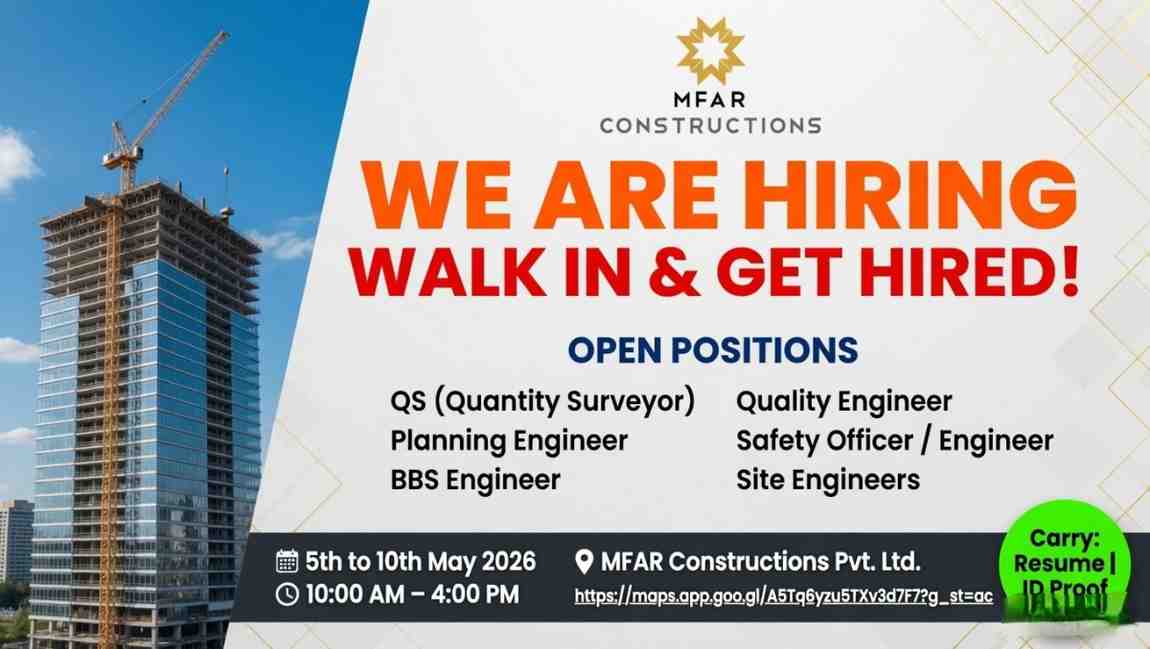 MFAR Constructions Pvt Ltd Recruitment 2026 Walk-in Interview | QS, Planning, QA/QC & Site Engineer Jobs