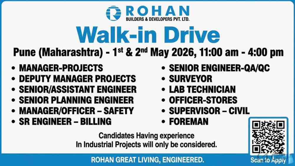 Rohan Builders Recruitment 2026 Walk-in Interview | Civil, QA/QC, Safety & Industrial Project Jobs Pune