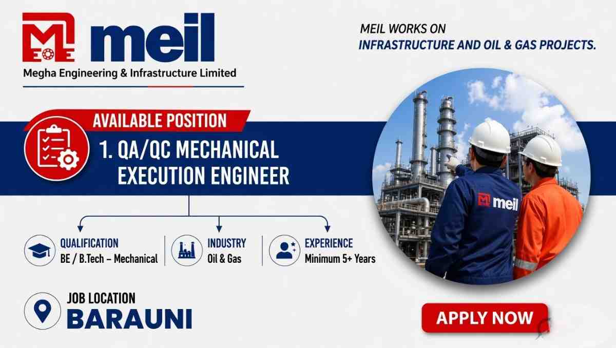 Megha Engineering & Infrastructure Limited Recruitment 2026 | QA/QC Mechanical Engineer Jobs Barauni