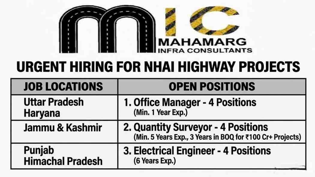 Mahamarg Infra Consultant Recruitment 2026 | NHAI Highway Jobs in India | Quantity Surveyor, Electrical Engineer Vacancy