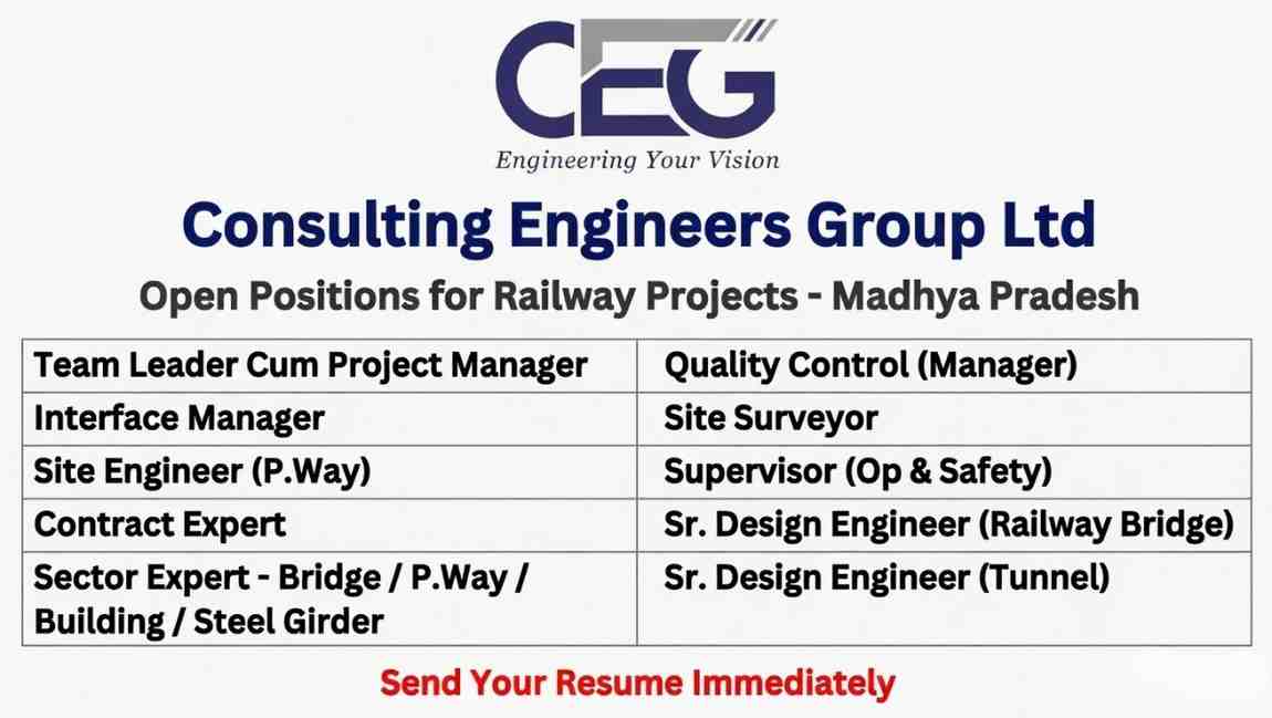 Consulting Engineers Group Ltd Recruitment 2026 | Railway Project Jobs in Madhya Pradesh | Civil Engineer, Design Engineer Vacancy