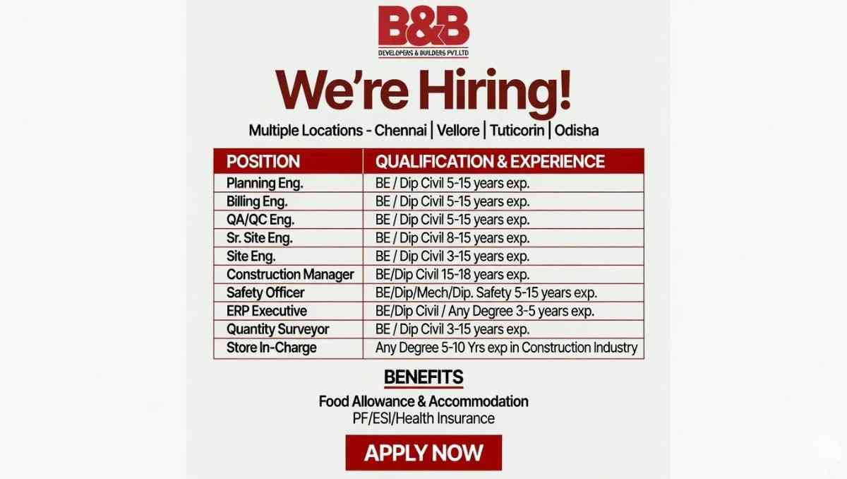 B&B Developers & Builders Pvt Ltd Recruitment 2026 | Civil Engineer Jobs in Chennai Vellore Odisha