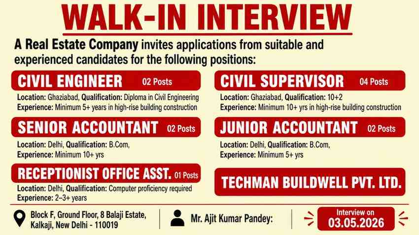 Techman Buildwell Pvt Ltd Walk-in Interview 2026 | Civil Engineer, Supervisor, Accountant Jobs in Delhi NCR