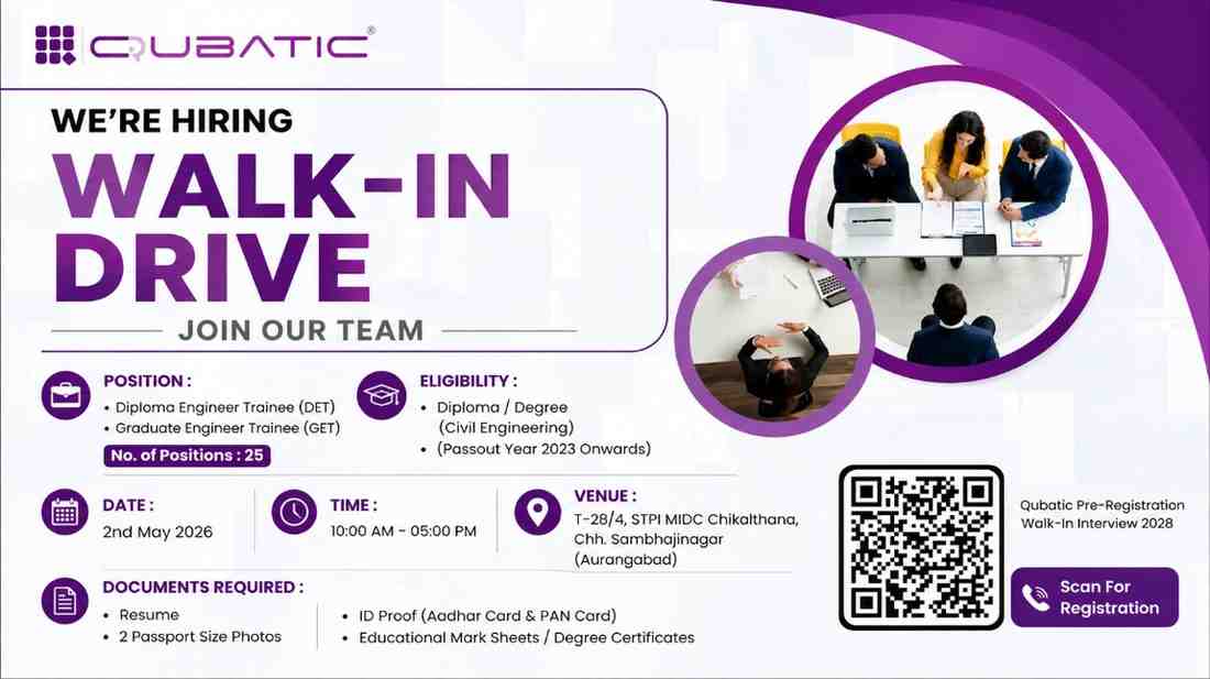 Cubatic Walk-in Drive 2026 | Diploma & Graduate Engineer Trainee Jobs in Aurangabad | Civil Engineering Freshers Vacancy