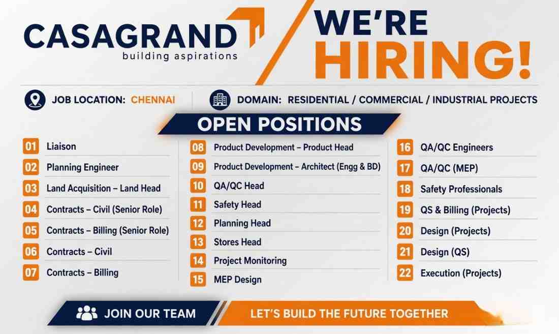 Casagrand Civil Engineering Ltd Recruitment | Hiring for Multiple Positions | Construction Job