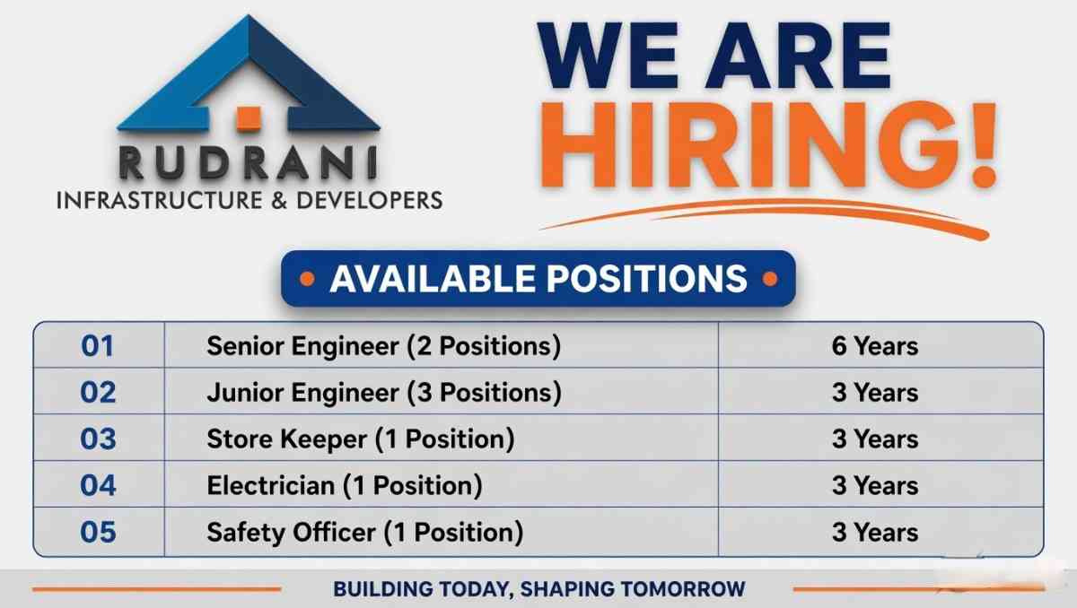 Rudrani Infrastructure & Developers Recruitment 2026 | Engineer, Store Keeper, Safety Officer Jobs in Ahmedabad