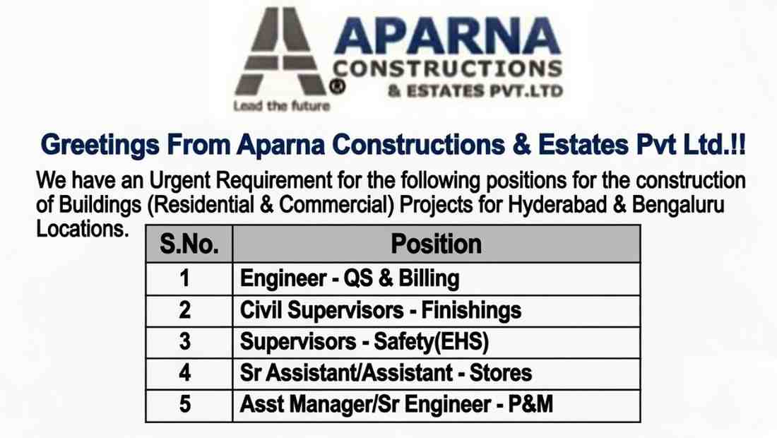 Aparna Constructions Recruitment 2026 | QS Billing Engineer, Supervisor, Store Jobs in Hyderabad Bengaluru