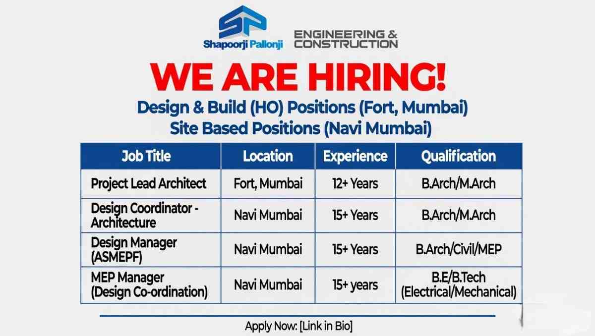 Shapoorji Pallonji Recruitment 2026 | Architect, MEP Manager, Design Coordinator Jobs in Mumbai | Engineering & Construction Vacancy