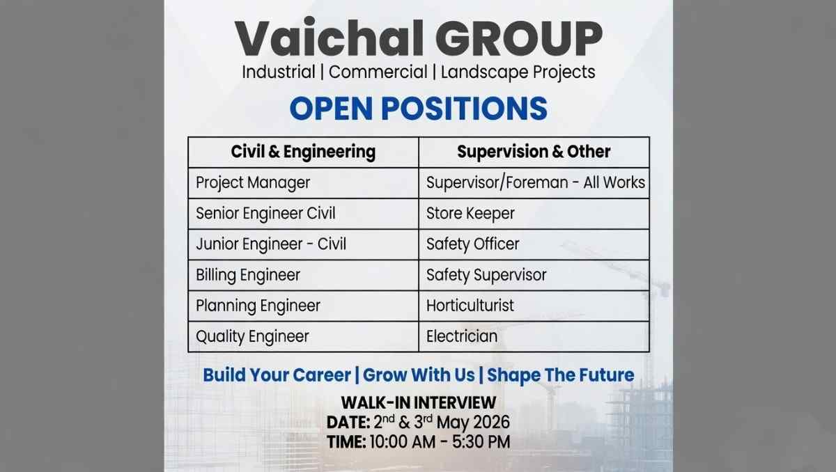 Vaichal Group Walk-in Interview 2026 | Civil Engineer, Supervisor, Safety Officer Jobs in Maharashtra Goa
