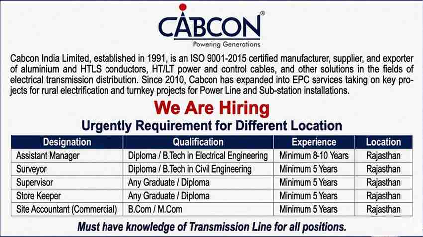 Cabcon India Limited Recruitment 2026 | Transmission Line & Electrical Jobs in Rajasthan | Civil, Electrical, Surveyor Vacancy