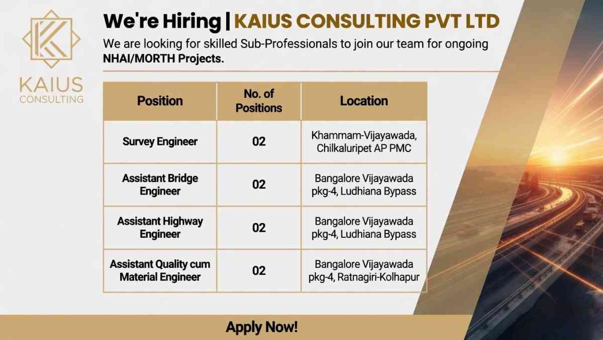 Kaius Consulting Pvt Ltd Recruitment 2026 | NHAI Highway Jobs in India | Survey Engineer, Bridge Engineer Vacancy