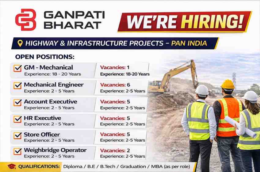 Ganpati Bharat Pvt Ltd Hiring 2026 | Highway & Infrastructure Jobs India | Mechanical, HR, Accounts