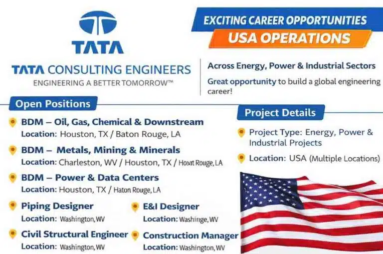 Tata Consulting Engineers Recruitment 2026 | USA Jobs for BDM, Engineers & Designers