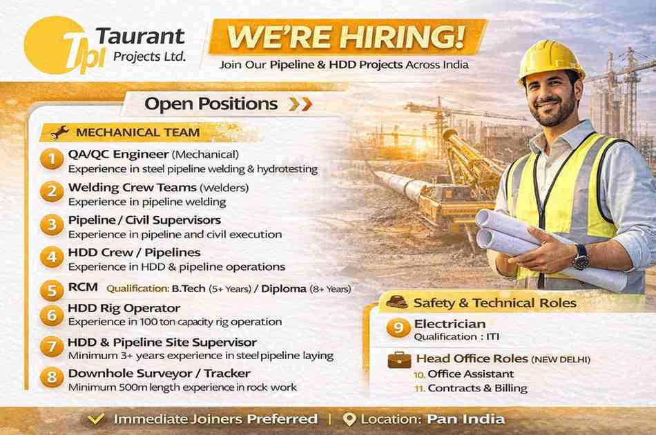 Taurant Projects Recruitment 2026 | Oil & Gas Pipeline Jobs | HDD & CGD Projects | Pan India Hiring