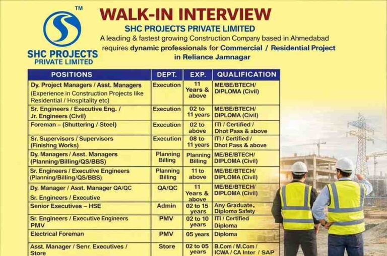 SHC Projects Recruitment 2026 | Walk-in Interview in Jamnagar | Civil, QA/QC, HSE, Planning Jobs