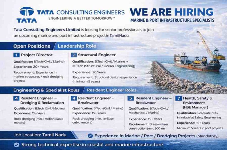 Tata Consulting Engineers Tata Consulting Engineers Limited is hiring senior professionals for an upcoming marine and port infrastructure project in Tamil Nadu. This is an excellent opportunity for highly experienced candidates with expertise in marine engineering, dredging, and coastal infrastructure to work on large-scale consultancy projects. Open Positions Leadership Role 1. Project Director Qualification: B.Tech (Civil / Marine) Experience: 20+ Years Requirement: Experience in marine structures / rock dredging projects Engineering & Specialist Roles 2. Structural Engineer Qualification: B.Tech Civil / Marine + M.Tech (Structural / Ocean Engineering) Experience: 20 Years Requirement: Structural design experience (minimum 5 years) 3. Dredging Expert Qualification: B.Tech OR Master / Captain / Chief Engineer (CSD) Experience: 15+ Years Requirement: Rock dredging project experience Resident Engineer Roles 4. Resident Engineer – Dredging & Reclamation Qualification: B.Tech (Civil / Mechanical / Marine) Experience: 15+ Years Requirement: Rock dredging (min. 1 million cubic meters) 5. Resident Engineer – Breakwater Qualification: B.Tech (Civil / Marine) Experience: 15+ Years Requirement: Breakwater construction (min. 500 m) 6. Resident Engineer – Berth Construction Qualification: B.Tech (Civil / Marine) Experience: 15+ Years Requirement: Rubble bund / berth / wharf construction Safety Role 7. Health, Safety & Environment (HSE Manager) Qualification: Graduate / PG in Industrial Safety Engineering Experience: 15+ Years Requirement: Minimum 5 Years in port projects Requirements Experience in Marine / Port / Dredging Projects (Mandatory) Strong technical expertise in coastal and marine infrastructure Job Location Tamil Nadu