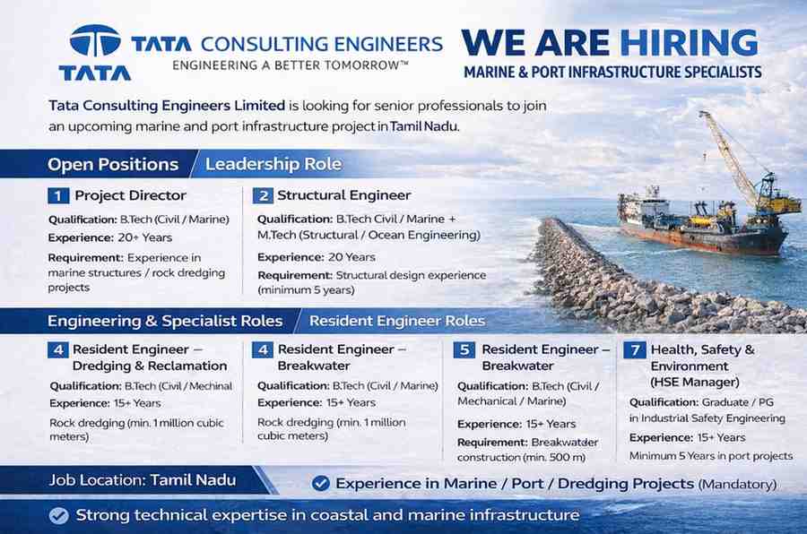 Tata Consulting Engineers Recruitment 2026 | Marine & Port Project Jobs in Tamil Nadu | Senior Engineers Hiring