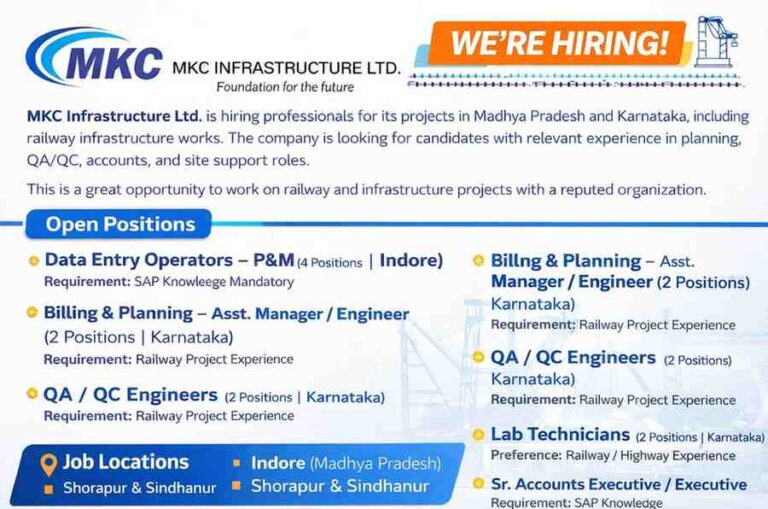 MKC Infrastructure Ltd Recruitment 2026 | Billing, QA/QC, Accounts & Data Entry Jobs in MP & Karnataka