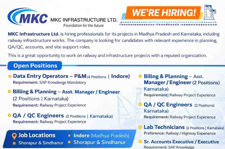 MKC Infrastructure Ltd Recruitment 2026 | Billing, QA/QC, Accounts & Data Entry Jobs in MP & Karnataka