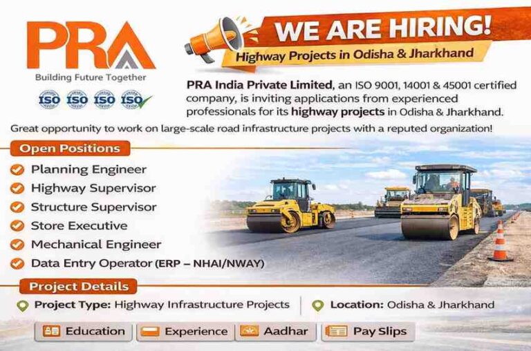 PRA India Pvt Ltd Recruitment 2026 | Planning Engineer, Supervisor & Highway Project Jobs in Odisha & Jharkhand