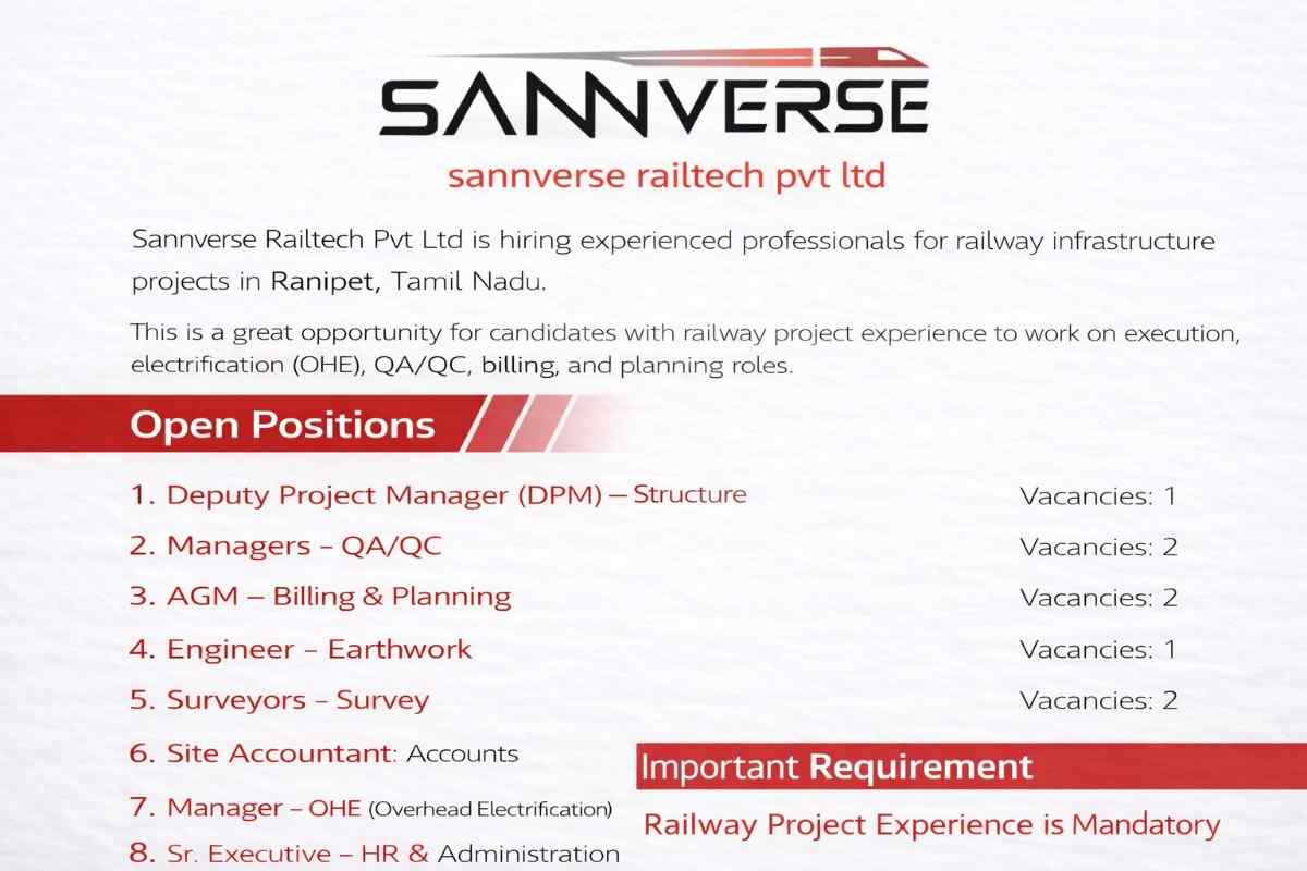 Sannverse Railtech Pvt Ltd Recruitment 2026 | Railway Project Jobs in Tamil Nadu