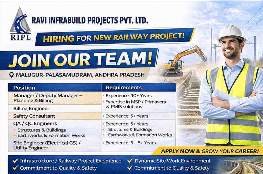 Ravi Infrabuild Projects Hiring 2026 | Railway Project Jobs Andhra Pradesh | Planning, Billing, QAQC