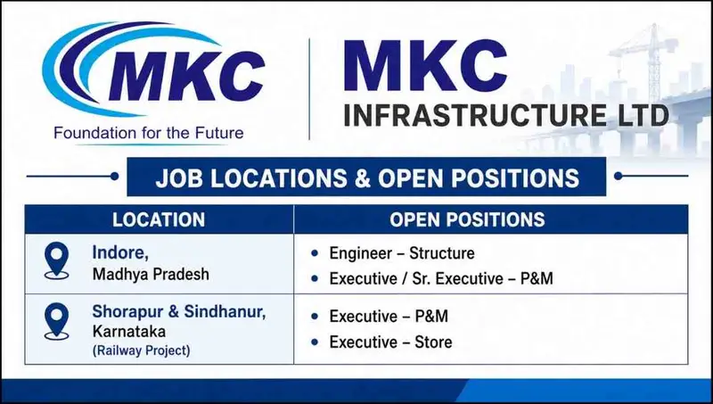MKC Infrastructure Ltd Recruitment 2026 | Railway Project Jobs for Structure, Store & P&M Professionals