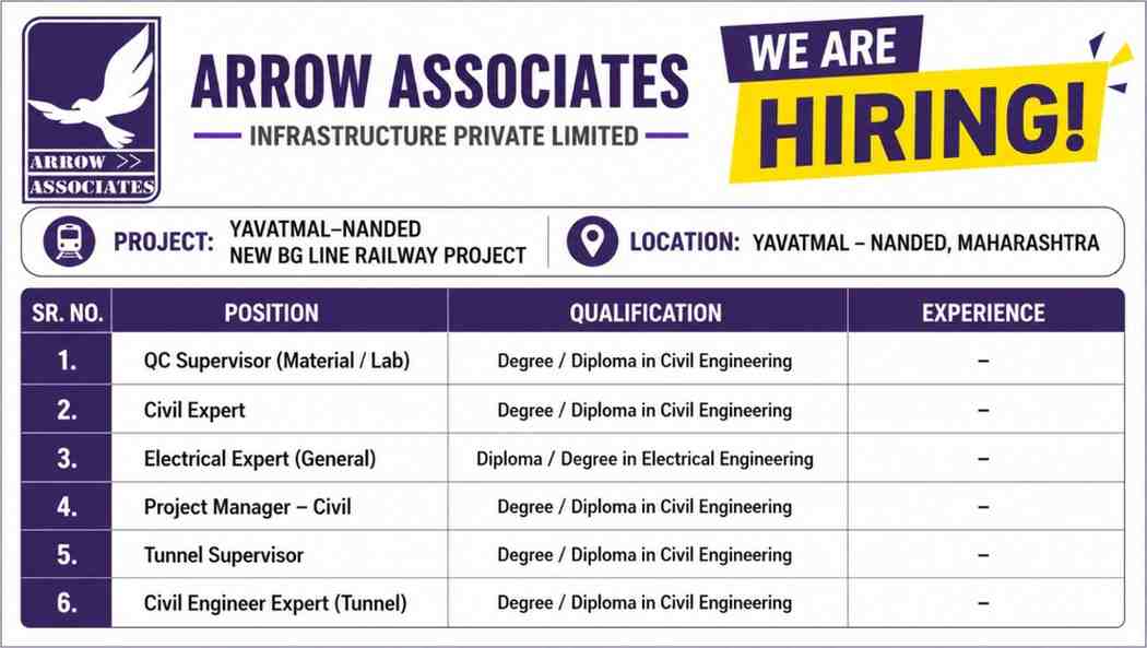 Arrow Associates Infrastructure Vacancy | Yavatmal–Nanded New BG Line Railway Project