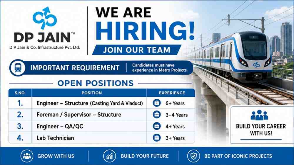 D P Jain & Co Infrastructure Pvt Ltd Vacancy | For Metro Projects. Candidates With Prior Metro Project