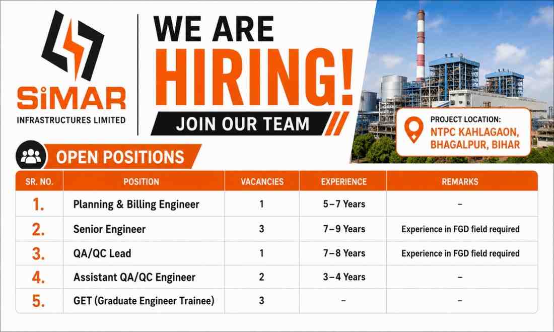 Simar Infrastructures Limited Vacancy | Ongoing FGD Project at NTPC Kahalgaon, Bhagalpur, Bihar
