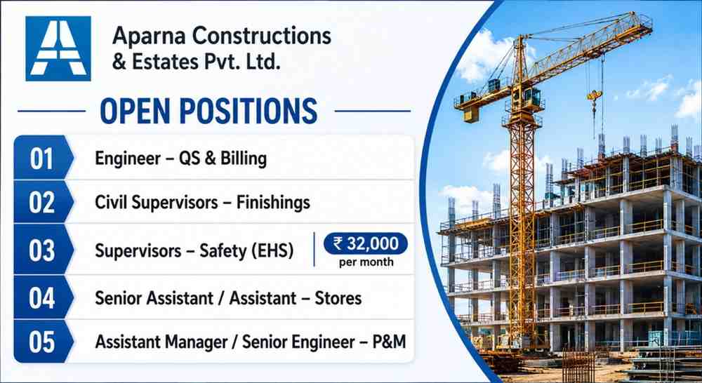 Aparna Constructions & Estates Pvt Ltd Job | For ongoing Residential & Commercial Building Projects