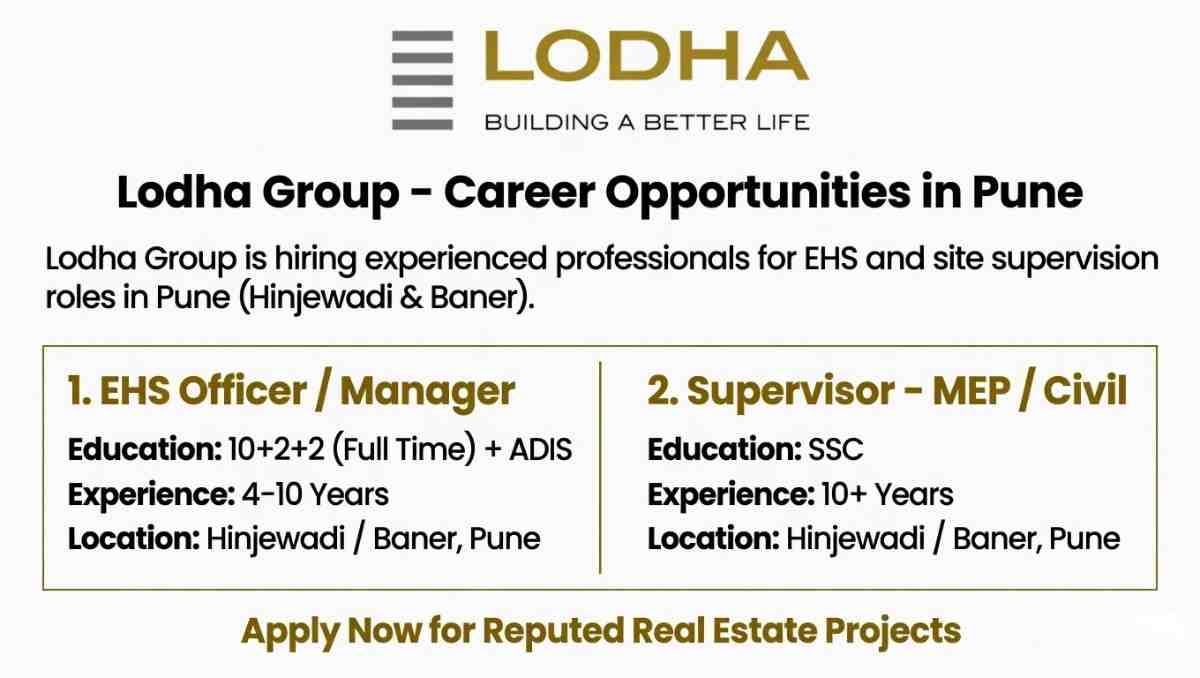 Lodha Group Recruitment 2026 | EHS Officer, MEP Civil Supervisor Jobs in Pune
