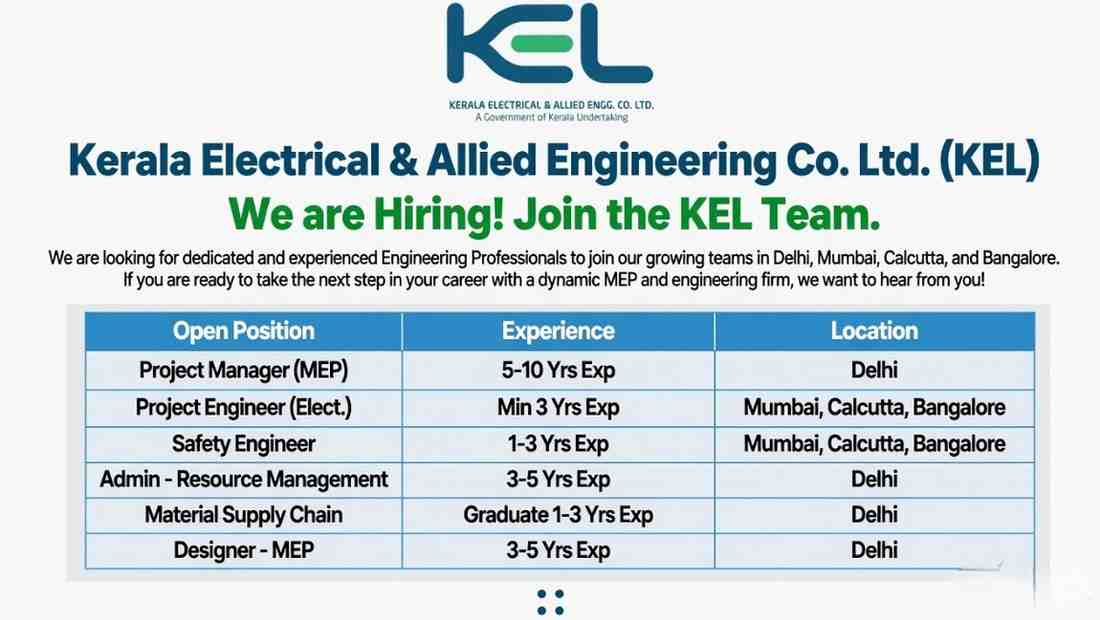 Kerala Electrical & Allied Engineering Co Ltd Recruitment 2026 | MEP Engineer, Safety Engineer Jobs in Delhi Mumbai Bangalore