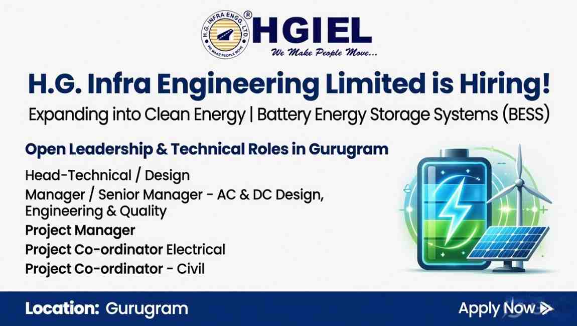 H.G. Infra Engineering Limited BESS Recruitment 2026 | Project Manager, Electrical Civil Coordinator Jobs in Gurugram