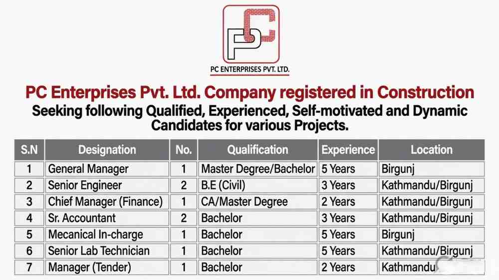 PC Enterprises Pvt Ltd Recruitment 2026 | Apply for Manager, Engineer, Accountant & Multiple Jobs in Nepal